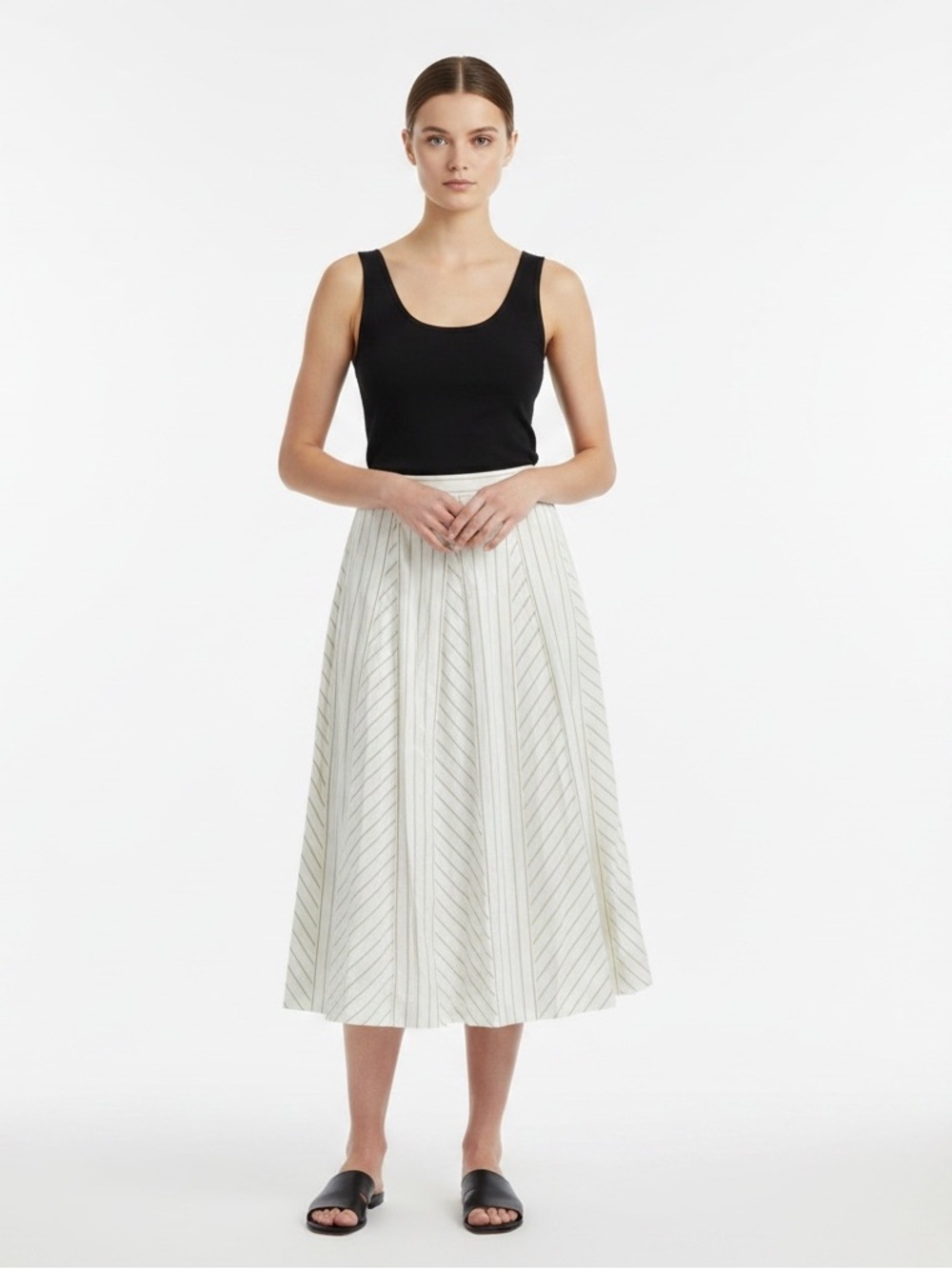 Doncaster | Like new white and tan striped lined full circle midi skirt size 6